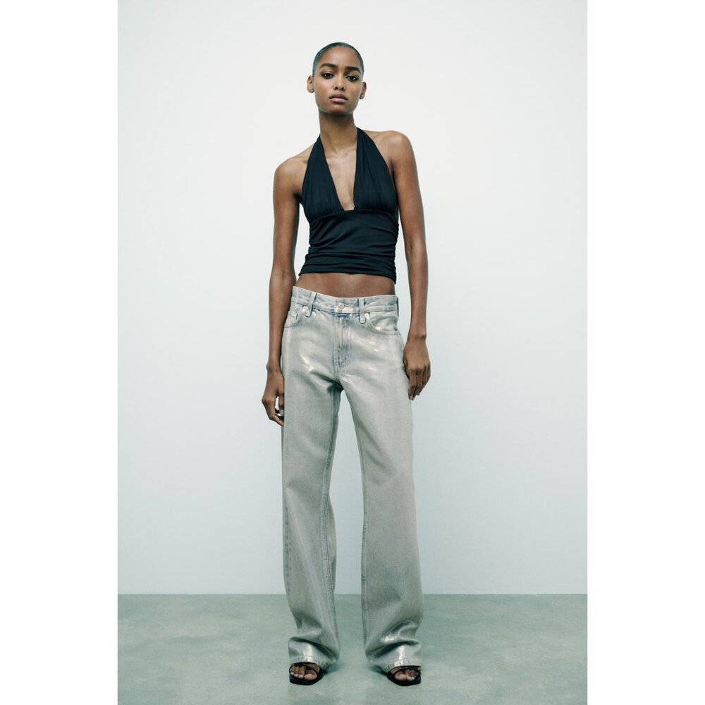 NWOT Zara light blue wash denim with metallic foil jeans, US 2